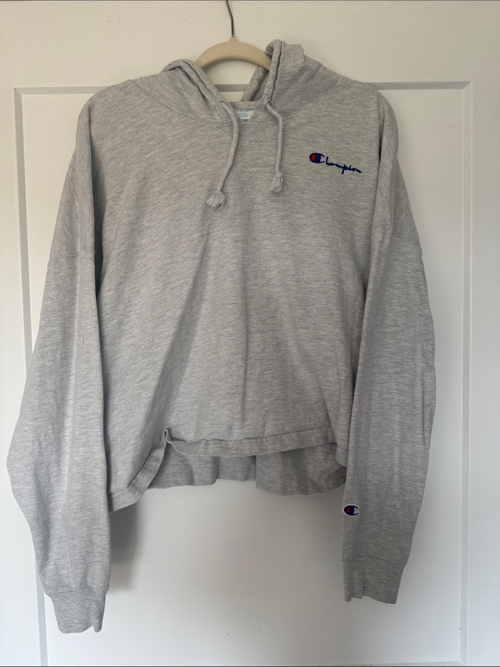 OVERSIZED Champion Light Gray Cropped Hooded Sweatshirt